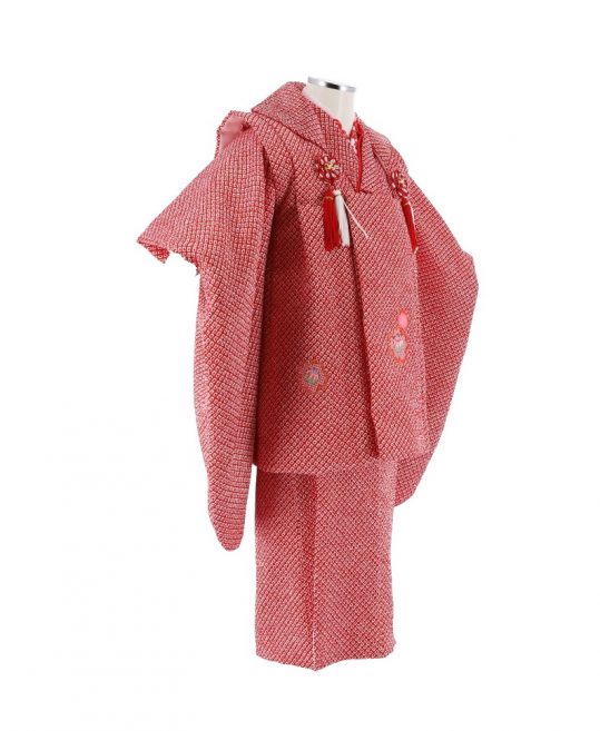 七五三 3歳女の子用被布[レトロシンプル](被布・着物)赤の総絞り風地に桜No.54H
